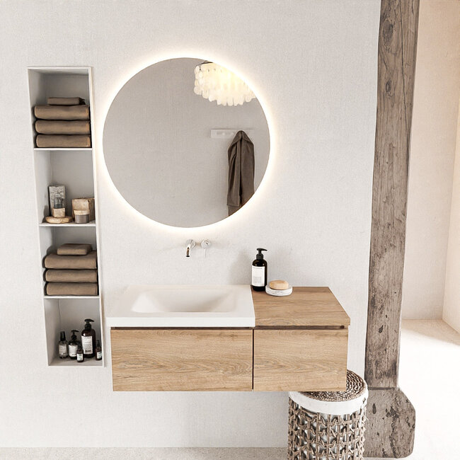 MONDIAZ   badkamermeubel 100cm met wastafel links houtlook eiken met 2 lades.