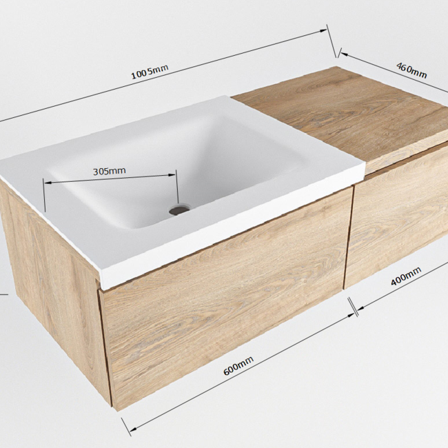 MONDIAZ   badkamermeubel 100cm met wastafel links houtlook eiken met 2 lades.