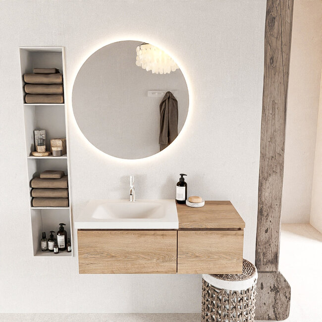 MONDIAZ   badkamermeubel eiken look 100cm met wastafel links met 2 lades 1 kraangat