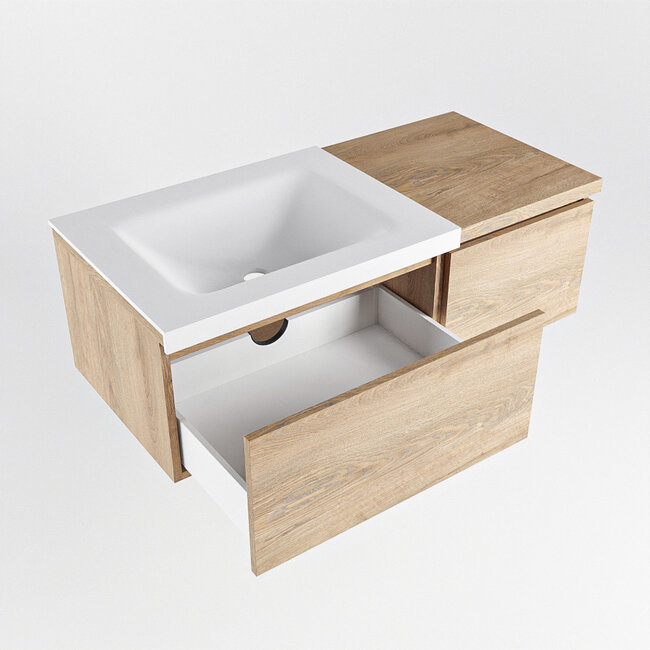 MONDIAZ   badkamermeubel eiken look 100cm met wastafel links met 2 lades 1 kraangat