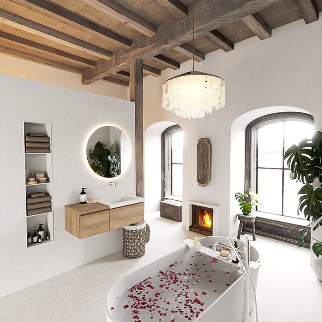 MONDIAZ   badkamermeubel 100cm met wastafel rechts houtlook eiken met 2 lades.