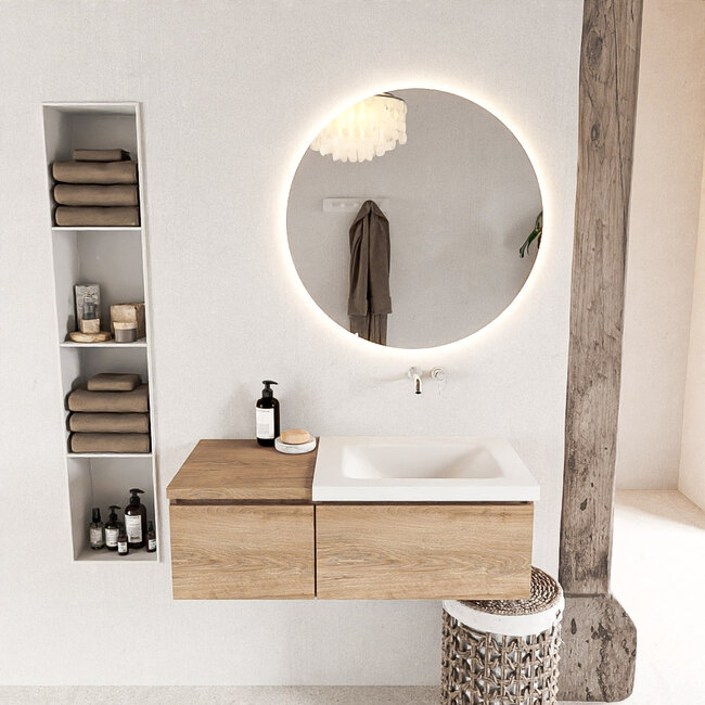 MONDIAZ   badkamermeubel 100cm met wastafel rechts houtlook eiken met 2 lades.