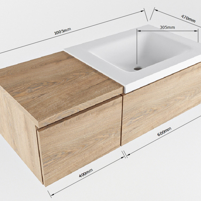 MONDIAZ   badkamermeubel 100cm met wastafel rechts houtlook eiken met 2 lades.