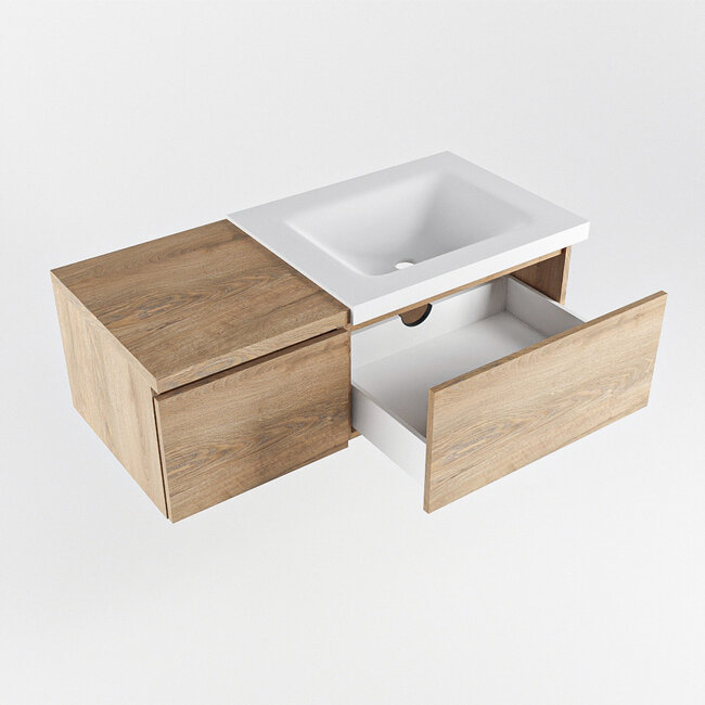 MONDIAZ   badkamermeubel eiken look 100cm met wastafel rechts met 2 lades.1 kraangat .