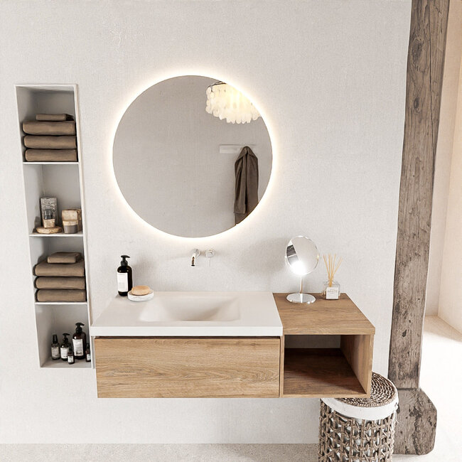MONDIAZ   badkamermeubel 120cm houtlook met wastafel wastafel links eiken look met 1 lade.