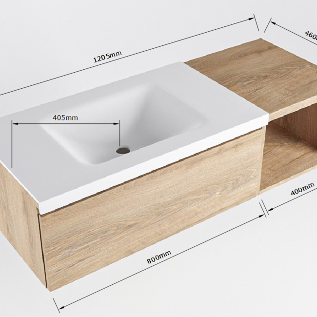 MONDIAZ   badkamermeubel 120cm houtlook met wastafel wastafel links eiken look met 1 lade.