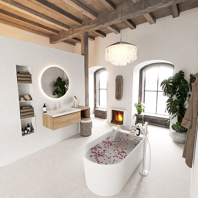 MONDIAZ   badkamermeubel 120cm houtlook met wastafel wastafel links met 1 lade met kraangat