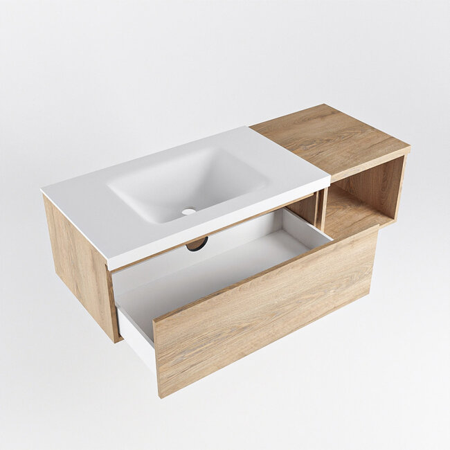 MONDIAZ   badkamermeubel 120cm houtlook met wastafel wastafel links met 1 lade met kraangat