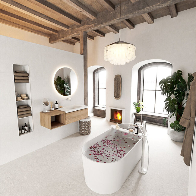 MONDIAZ   badkamermeubel 120cm houtlook met wastafel wastafel rechts met 1 lade.