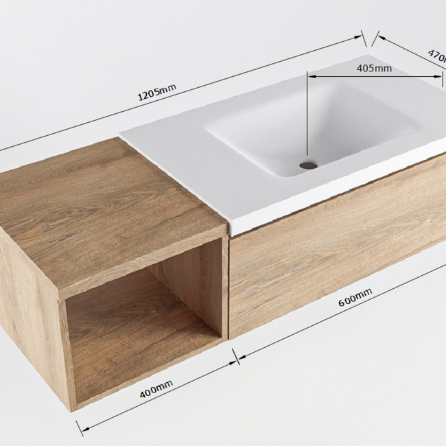 MONDIAZ   houten badkamermeubel 120cm met kraangat. Eikenlook met 1 lade.