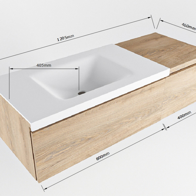 MONDIAZ   badkamermeubel hout 120cm eiken look met wit wastafel 2 lades.