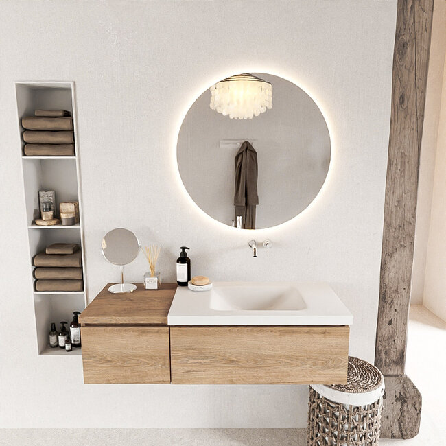 MONDIAZ   badmeubel120cm met witte wastafel eikenlook met 2 lades.