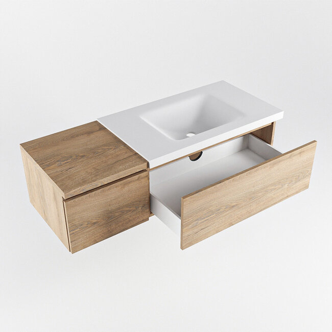 MONDIAZ   badmeubel120cm met witte wastafel eikenlook met 2 lades.