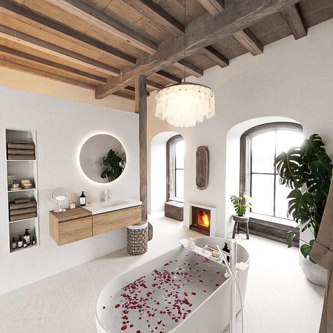 MONDIAZ   badmeubel 120cm houtlook met wastafel witte wastafel rechts  met kraangat en 2 lades.