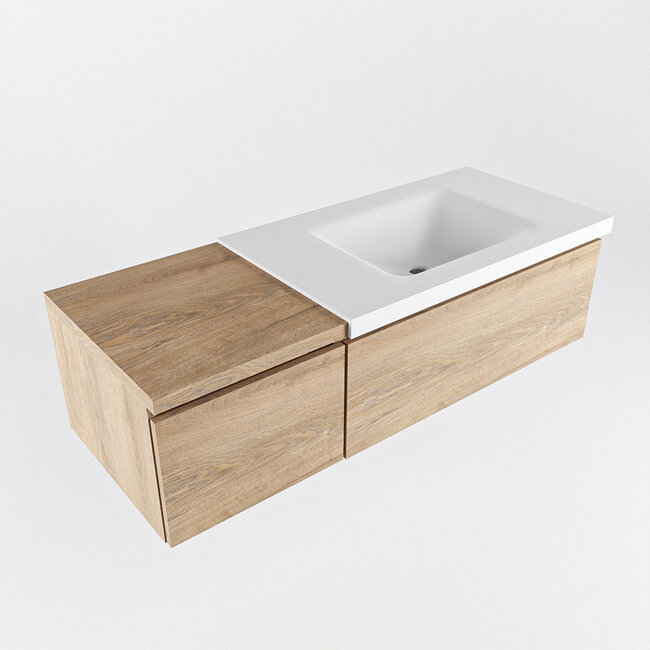 MONDIAZ   badmeubel 120cm houtlook met wastafel witte wastafel rechts  met kraangat en 2 lades.