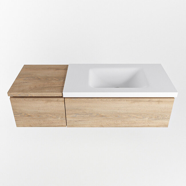 MONDIAZ   badmeubel 120cm houtlook met wastafel witte wastafel rechts  met kraangat en 2 lades.