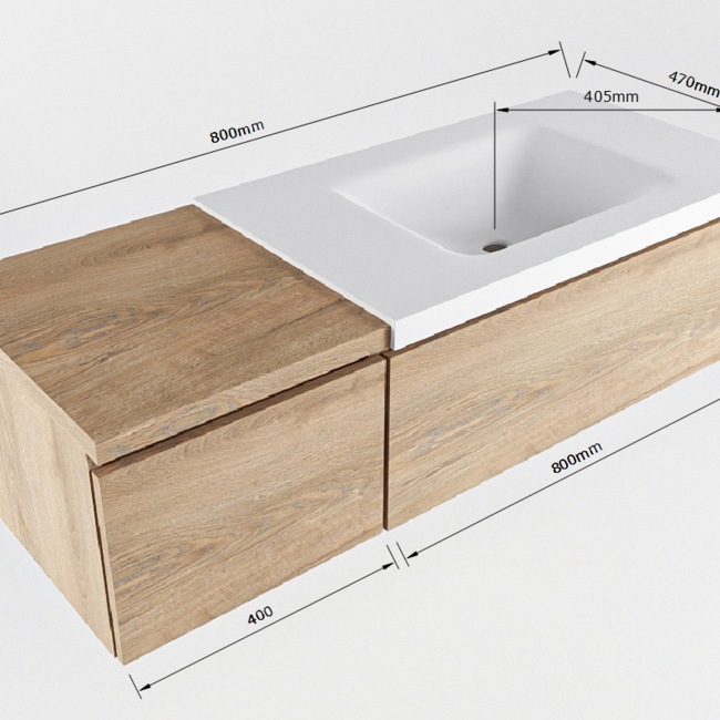 MONDIAZ   badmeubel 120cm houtlook met wastafel witte wastafel rechts  met kraangat en 2 lades.