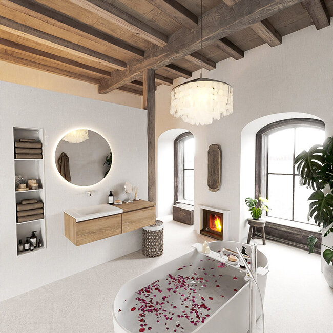 MONDIAZ   badmeubel 120cm houtlook met wastafel wastafel wit links. 2 lades.