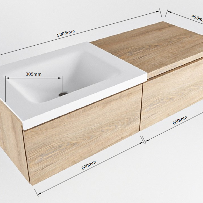 MONDIAZ   badmeubel 120cm houtlook met wastafel wastafel. 2 lades. Wastafel links 1 kraangat