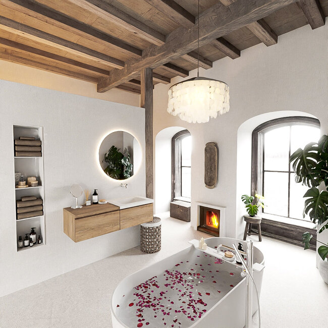 MONDIAZ   badmeubel 120cm houtlook met wastafel 2 lades. Witte wastafel rechts