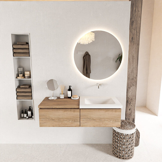 MONDIAZ   badmeubel 120cm houtlook met wastafel 2 lades. Witte wastafel rechts