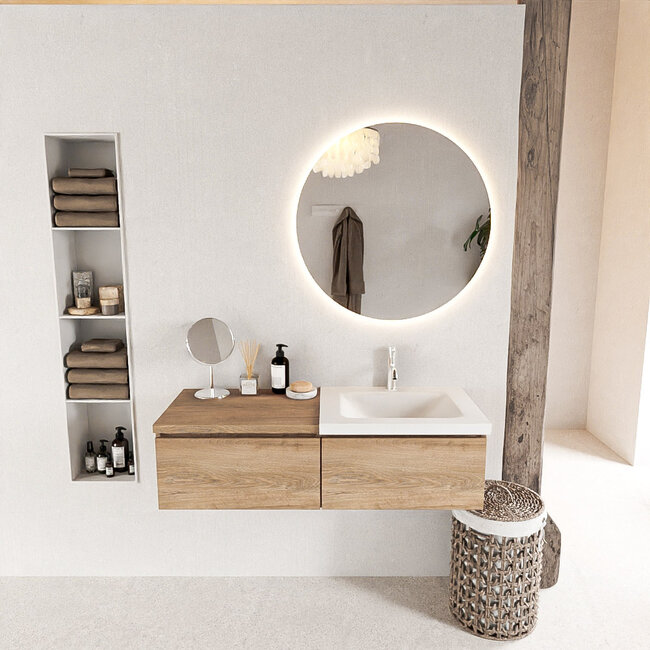 MONDIAZ   badmeubel 120cm houtlook met wastafel 2 lades. Witte wastafel met kraangat rechts