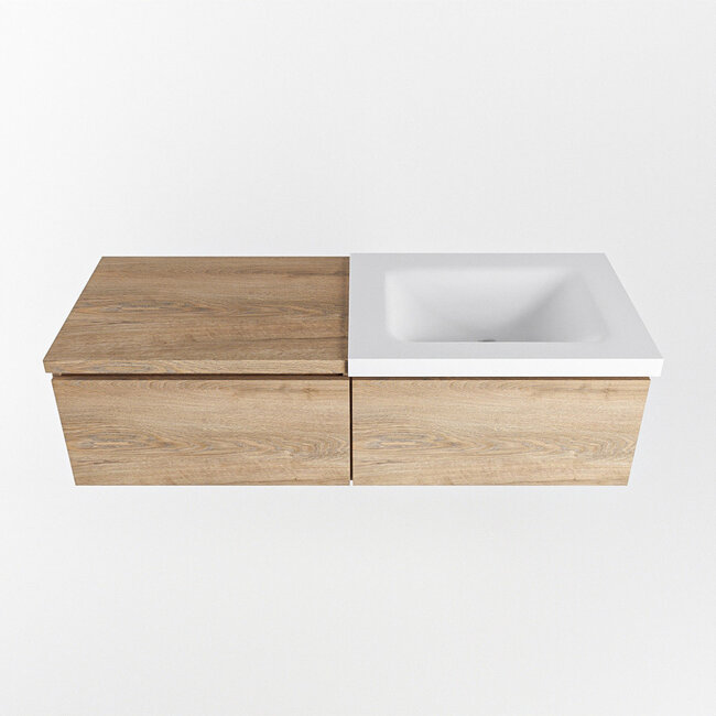 MONDIAZ   badmeubel 120cm houtlook met wastafel 2 lades. Witte wastafel met kraangat rechts