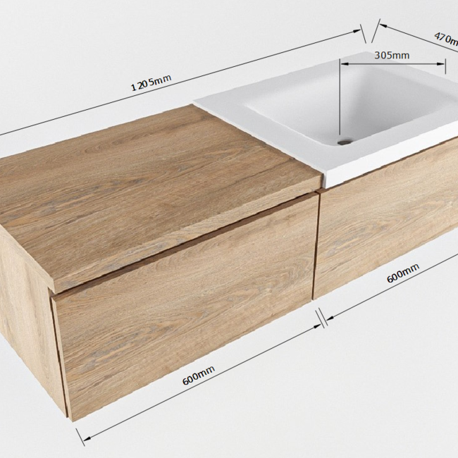 MONDIAZ   badmeubel 120cm houtlook met wastafel 2 lades. Witte wastafel met kraangat rechts