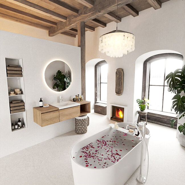 MONDIAZ   badkamermeubel 140cm met wastafel eiken kleur met 2 lades. 1 kraangat