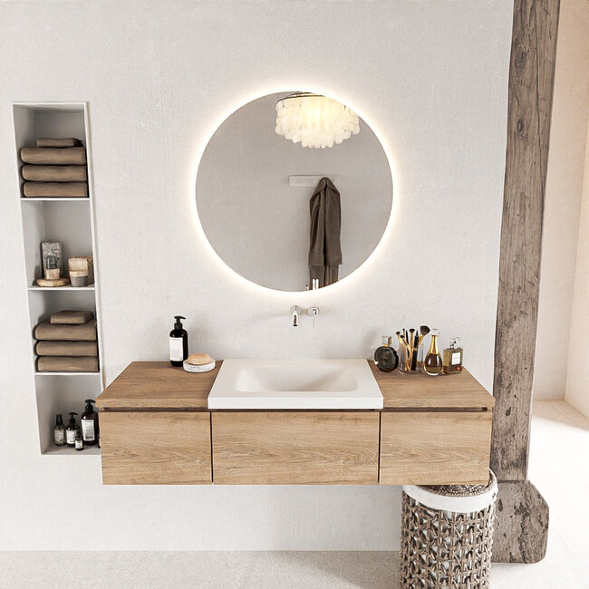 MONDIAZ   eiken kleur badkamermeubel 140cm met wastafel. 3 lades en kraangat