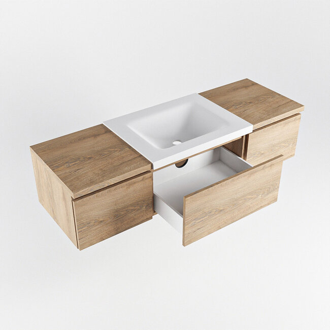 MONDIAZ   eiken kleur badkamermeubel 140cm met wastafel. 3 lades en kraangat