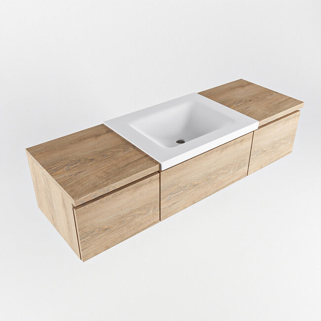 MONDIAZ   eiken kleur badkamermeubel 140cm met wastafel. 3 lades en kraangat