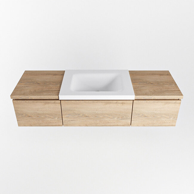 MONDIAZ   eiken kleur badkamermeubel 140cm met wastafel. 3 lades en kraangat