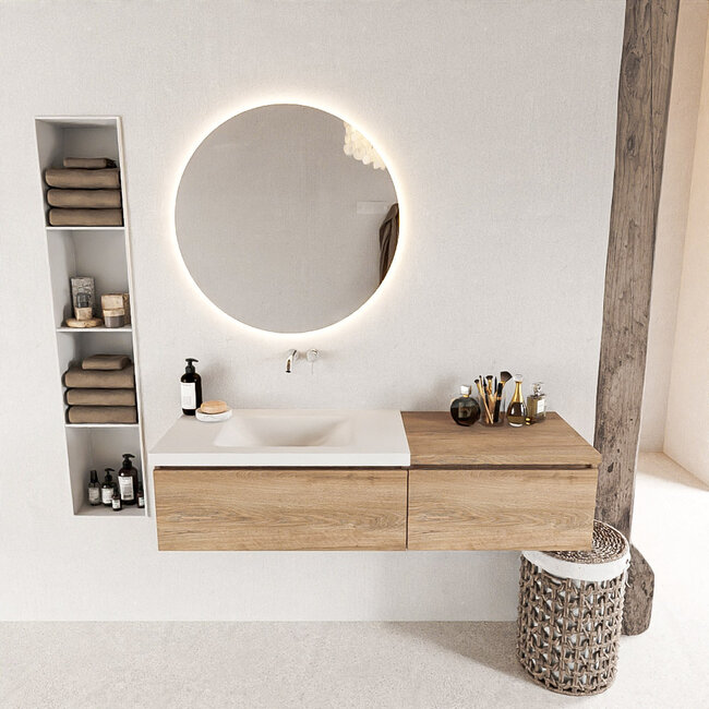 MONDIAZ   eiken kleur badkamermeubel 2 lades 140cm met witte wastafel