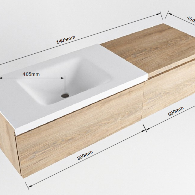 MONDIAZ   eiken kleur badkamermeubel 2 lades 140cm met witte wastafel