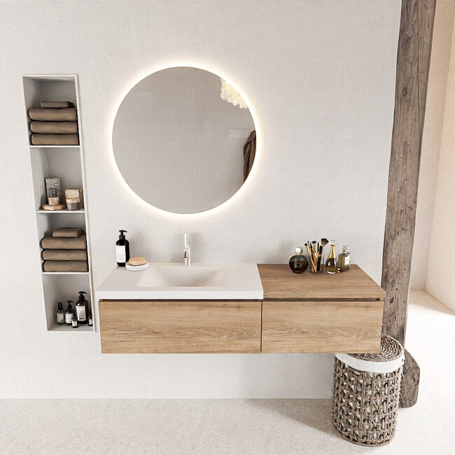 MONDIAZ   140cm badkamermeubel eiken houtlook met wastafel 2 lades en kraangat