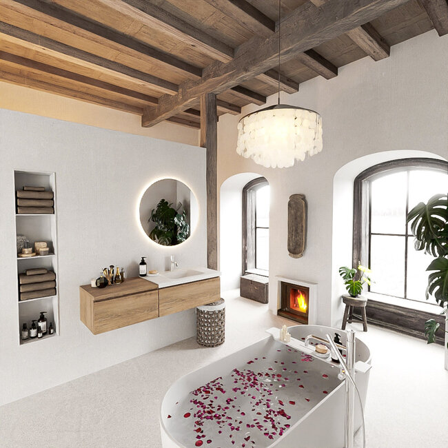 MONDIAZ   140cm badkamermeubel eiken houtlook met wastafel wit en 2 lades.