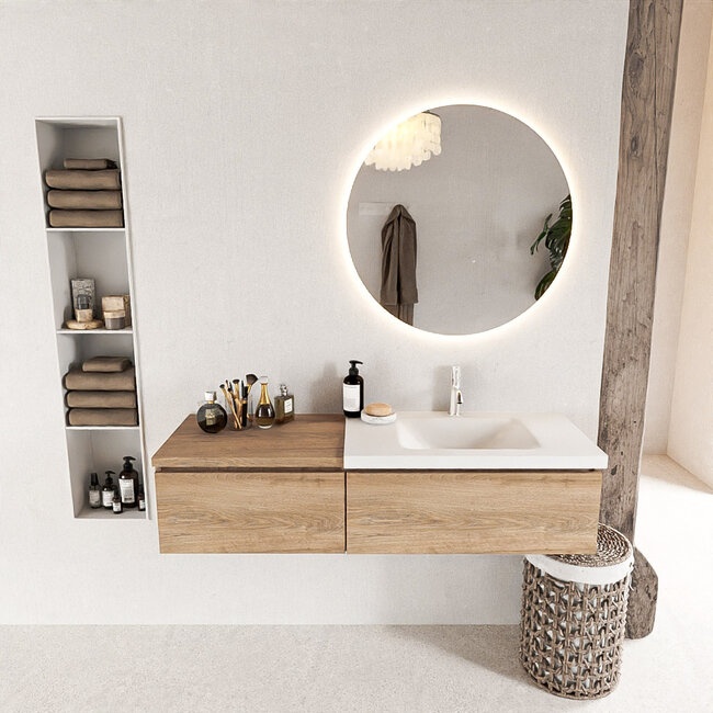 MONDIAZ   140cm badkamermeubel eiken houtlook met wastafel wit en 2 lades.