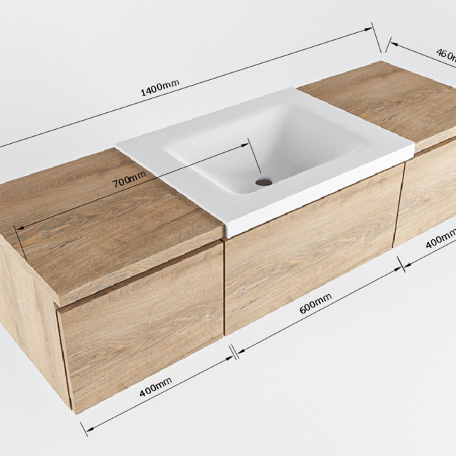 MONDIAZ   140cm badkamermeubel eiken houtlook met wastafel 2 lades en kraangat