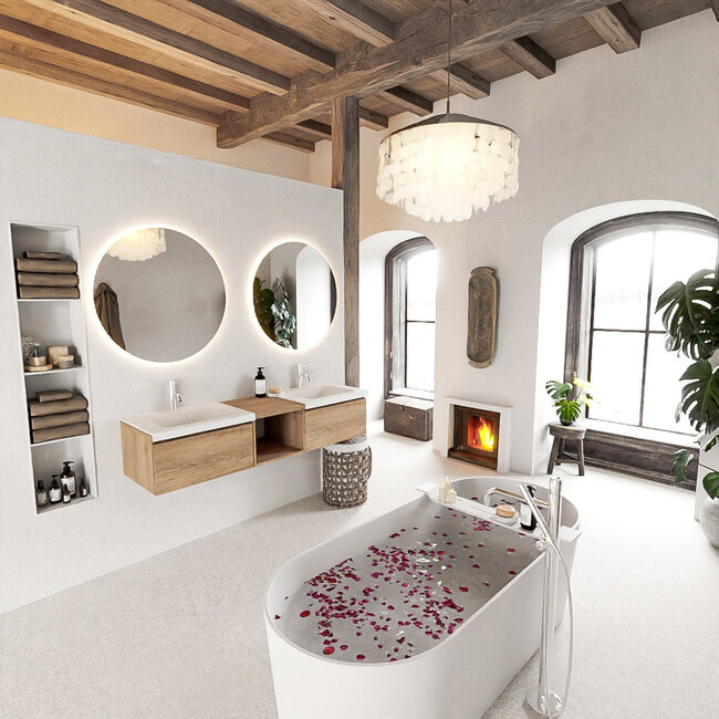 MONDIAZ    badkamermeubel houtlook 160cm met dubbel wastafels wit en kraangaten. 2 lades