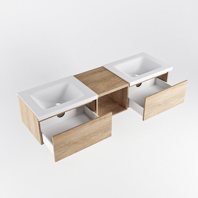 MONDIAZ    badkamermeubel houtlook 160cm met dubbel wastafels wit en kraangaten. 2 lades