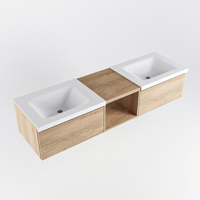 MONDIAZ    badkamermeubel houtlook 160cm met dubbel wastafels wit en kraangaten. 2 lades