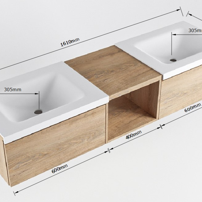 MONDIAZ    badkamermeubel houtlook 160cm met dubbel wastafels wit en kraangaten. 2 lades