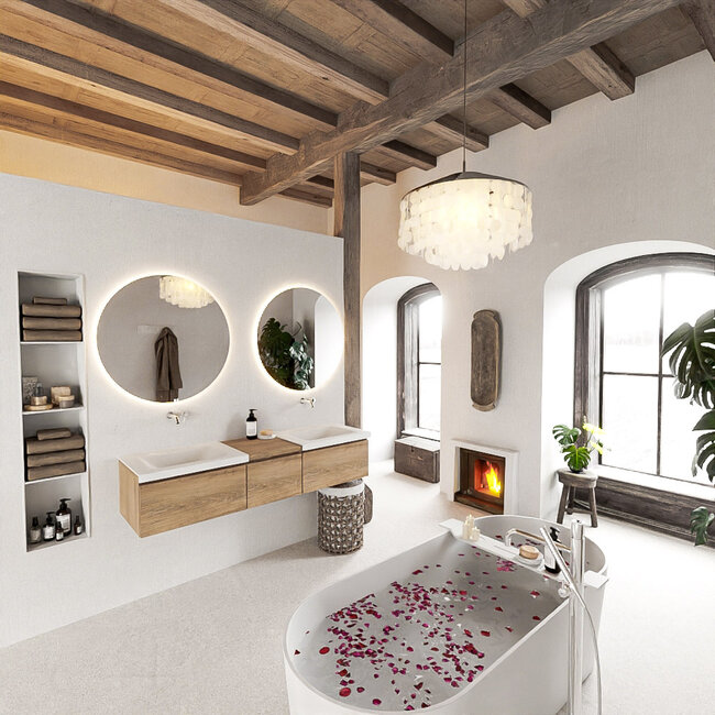 MONDIAZ    houtlook badkamermeubel 160cm met dubbel wastafels wit, 3 lades