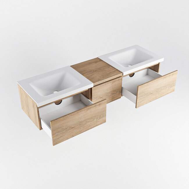 MONDIAZ    houtlook badkamermeubel 160cm met dubbel wastafels wit, 3 lades