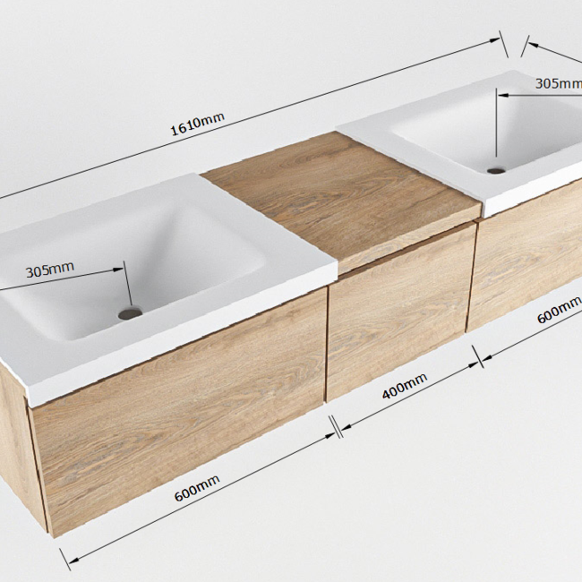 MONDIAZ    houtlook badkamermeubel 160cm met dubbel wastafels wit, 3 lades