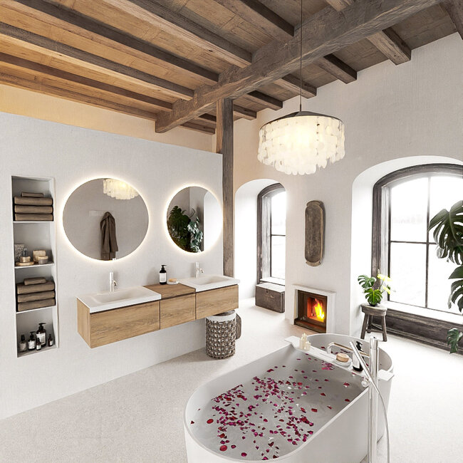 MONDIAZ    houtlook badkamermeubel 160cm met dubbel wastafels wit, 3 lades met 3 kraangaten