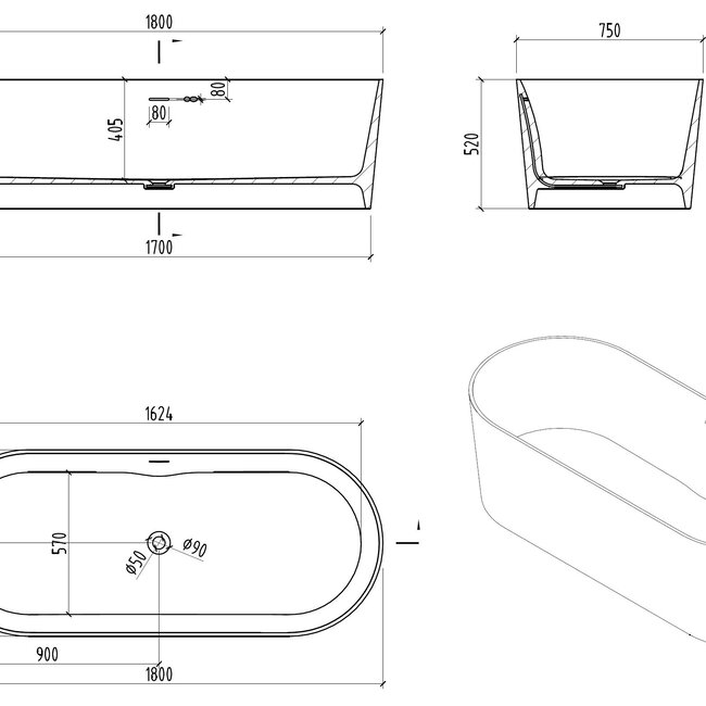 MONDIAZ  NOBLE vrijstaand bad 180x75cm  antraciet