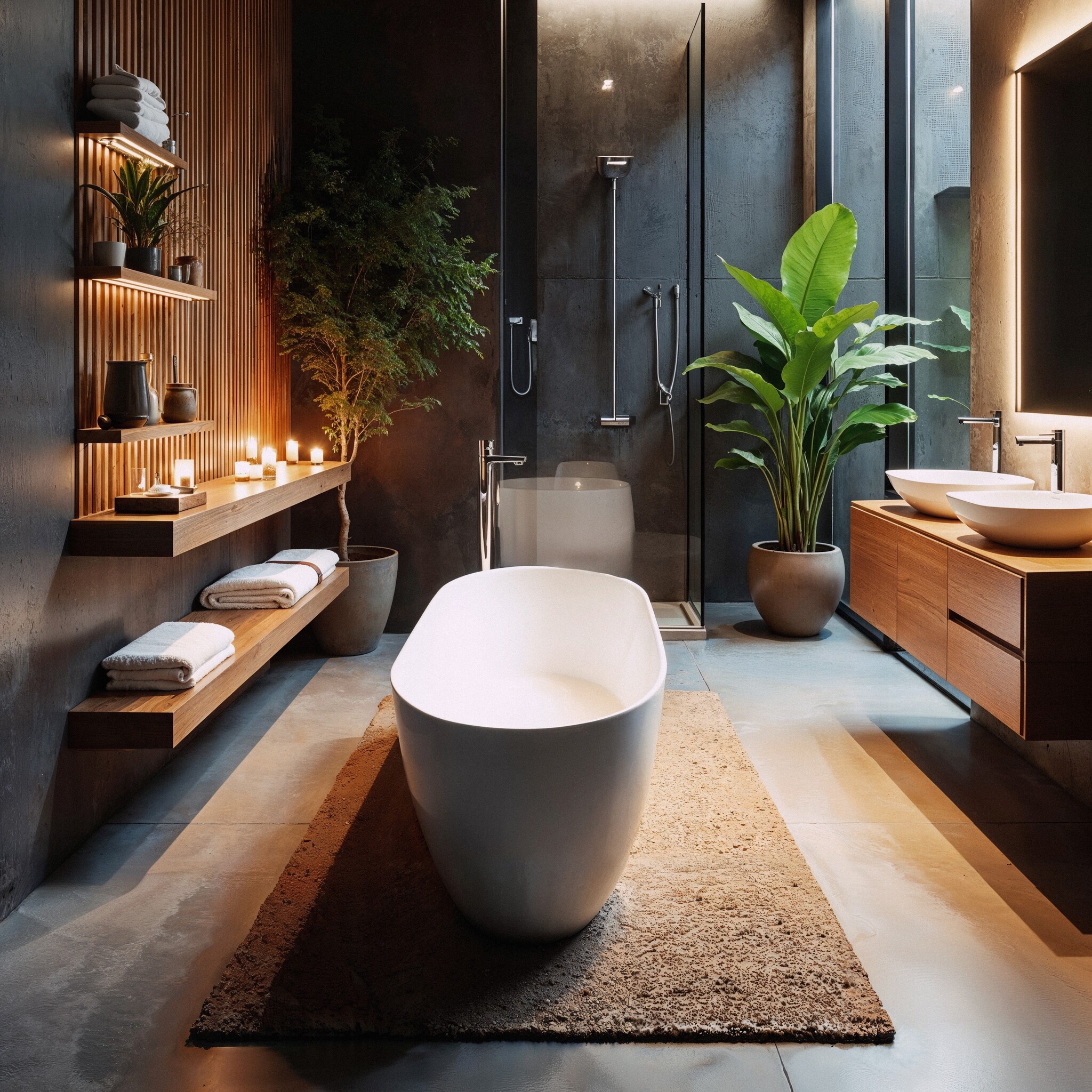houten badkamermeubel met plant