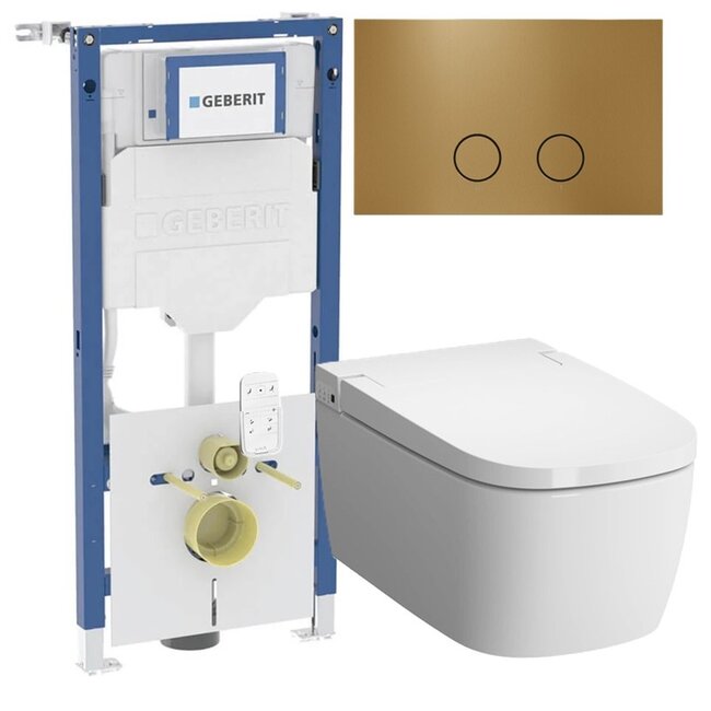 Vitra V-Care Comfrot 1.1 douche wc met Geberit UP320  inbouwreservoir en messing goud drukplaat
